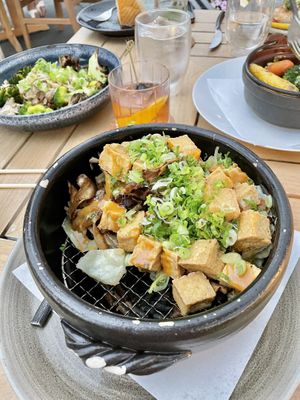 Tofu/Mushroom pot + hearts of palm pasta (left), roasted veggies   at CanoeHouse in Waimea