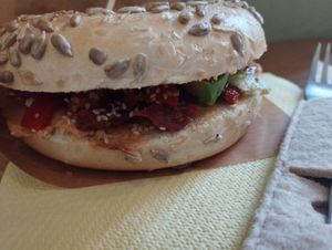 Grilled pepper bagel at Můj Bagel in Prague