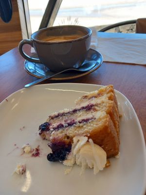 Lemon & blueberry cake with latte, almost forgot to take a pic haha at North Sea Observatory in Chapel St Leonards