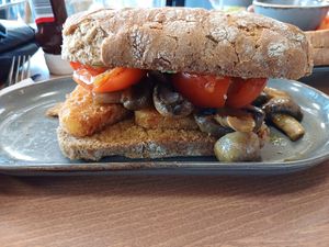 Not so little breakfast sandwich - wholemeal roll with tomatoes, avocados, mushrooms and hash browns. Bargain at £5.95. at North Sea Observatory in Chapel St Leonards