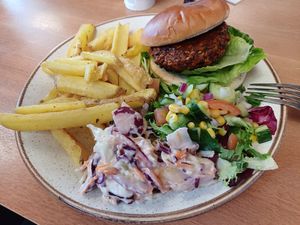 Bbq lentil and seed burger - best burger I've had for ages at North Sea Observatory in Chapel St Leonards