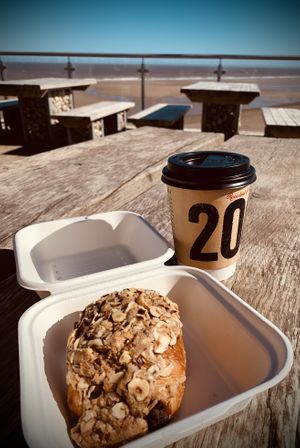 Hazelnut and chocolate pan au chocolate and coffee with oat milk   at North Sea Observatory in Chapel St Leonards