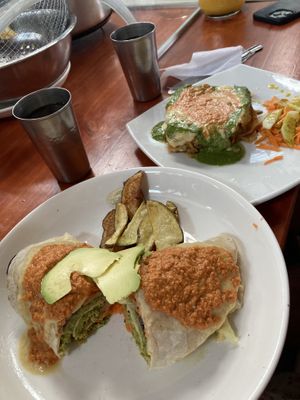 Falafel wrap and the lasagna  at Govinda Lila in Cusco