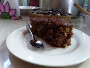 Choc and banana cake, still gooey from the oven!! at Govinda Lila in Cusco