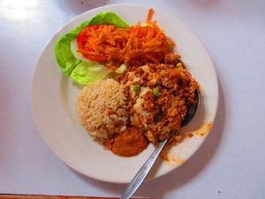 Lasagna with Rice and Salad at Govinda Lila in Cusco