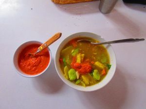 Soup with Hot Sauce at Govinda Lila in Cusco
