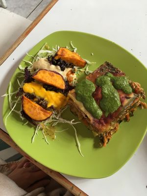Salad and lasagna, so yum  at Govinda Lila in Cusco