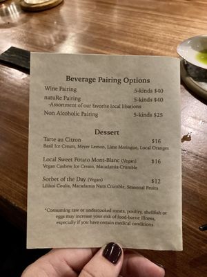 Dessert Menu  at natuRe waikiki in Honolulu