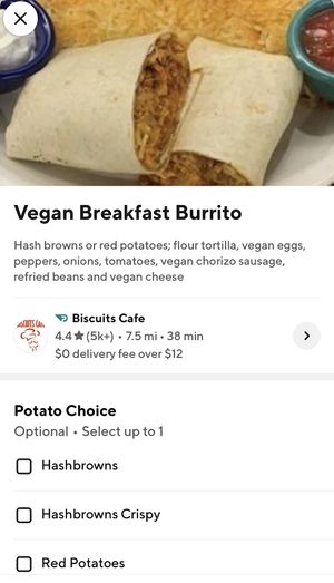 Vegan Breakfast Burrito  at Biscuits Cafe in Surprise