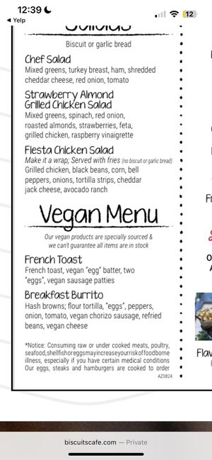Vegan menu  at Biscuits Cafe in Surprise