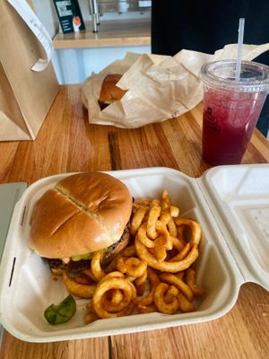 Soul Burger with curly fries  at Trap Vegan in Detroit