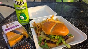 Soul Survivor burger, Truffle Fries, Soupsop juice, and Sweet Potato cheesecake.
All amazing! at Trap Vegan in Detroit