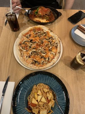 Fungi pizza. Pasta Neapolitana  and lasagna   at Vegan Garden Budapest in Budapest