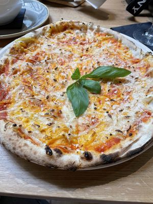 Delicious Quattro Formaggio pizza - YES ITS VEGAN!!!!  at Vegan Garden Budapest in Budapest