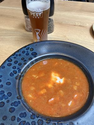 Goulash soup and small IPA beer  at Vegan Garden Budapest in Budapest