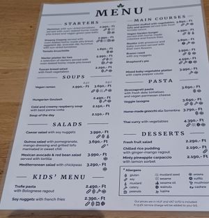 Vegan menu at Vegan Garden Budapest in Budapest