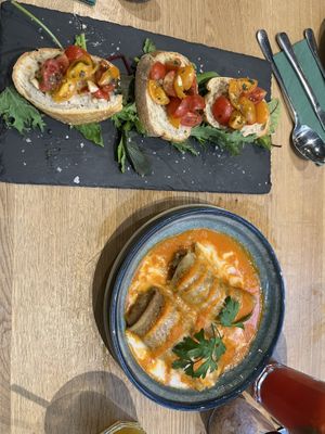 Bruschetta and Hortobágyi Palacsinta(meat pancakes)   at Vegan Garden Budapest in Budapest