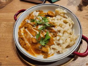 Mushrooms stew with dumplings at Vegan Garden Budapest in Budapest