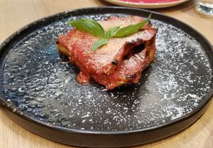 Lasagna, too salty, tasted like noodle and tomato sauce at Vegan Garden Budapest in Budapest