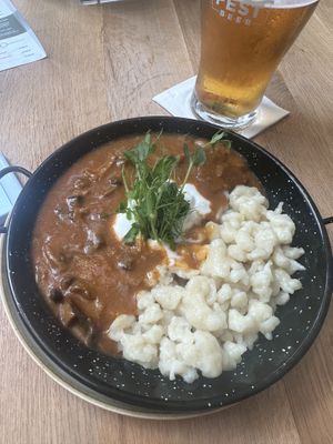 gomba paprikás & vegan garden pils  at Vegan Garden Budapest in Budapest