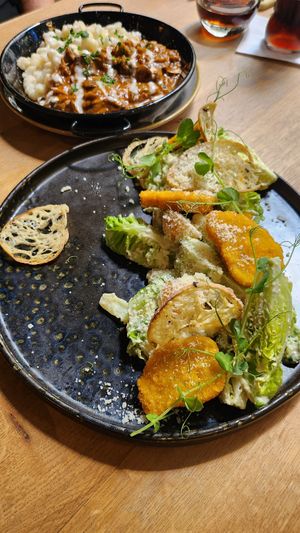 Caesar Salad and Mushroom stew at Vegan Garden Budapest in Budapest