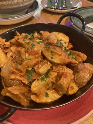 Brassói - traditional Hungarian dish: soya chunks and potatoes   at Vegan Garden Budapest in Budapest