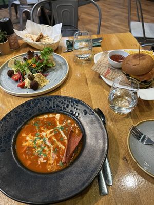 Bean goulash, Thai hummus, veggie burger  at Vegan Garden Budapest in Budapest