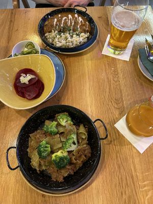 Forest Mushroom Paprikash with cucumber salad and Broccoli homemade cabbage dumplings with beetroot salad  at Vegan Garden Budapest in Budapest