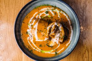 Hortobágy-style pancake with soy meat:
Served with vegan sour cream and parsley at Vegan Garden Budapest in Budapest