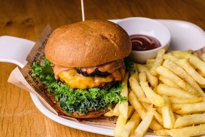 Vegan Garden Burger:
Served with red onion jam, fries, ketchup and pea protein patty at Vegan Garden Budapest in Budapest
