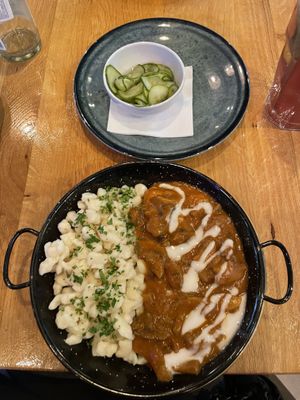Forest mushroom paprikash and pickled cucumbers   at Vegan Garden Budapest in Budapest