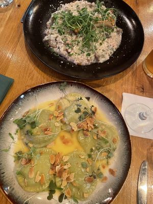 Spinach and feta green ravioli and risotto   at Vegan Garden Budapest in Budapest