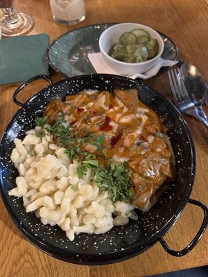 Forest Paprikash (mushrooms) with pickled cucumbers  at Vegan Garden Budapest in Budapest