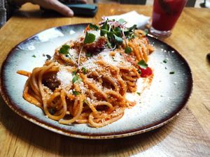 Pomodoro spaghetti at Vegan Garden Budapest in Budapest