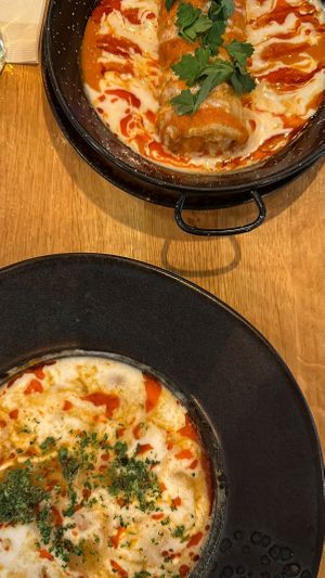 Goulash (this was the worst plate - just broth and some beans in it) + savory pancake, which was not so bad but definitely not good.  at Vegan Garden Budapest in Budapest