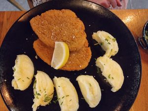 Vg schnitzel with mashed potato at Vegan Garden Budapest in Budapest