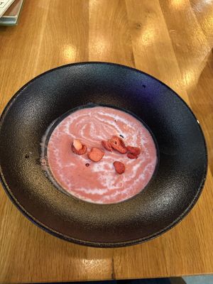 Cold strawberry soup  at Vegan Garden Budapest in Budapest