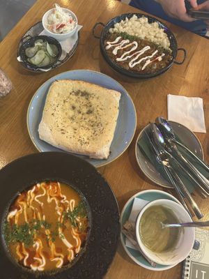 Goulash and mushroom dish, plus pizza bread and pickles    at Vegan Garden Budapest in Budapest