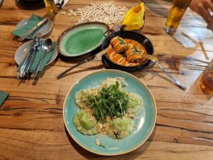 Homemade ravioli and pancakes in paprika sauce at Vegan Garden Budapest in Budapest