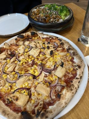 Teriyaki tofu with broccoli and bbq pizzaa  at Vegan Garden Budapest in Budapest