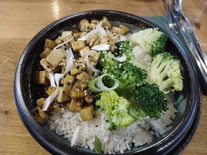 Teriyaki Tofu with broccoli and rice at Vegan Garden Budapest in Budapest
