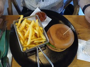 Burger and fries at Vegan Garden Budapest in Budapest