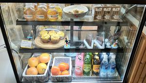 display of sweet bakery items and drinks at Fortunate Coffee - 씽푸커피 in Ansan
