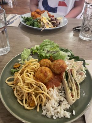 Spaghetti, soyaballs, salad, mini salad wrap  at daTerra in Faro