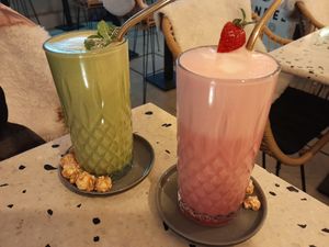 Pink Latte and Matcha Latte at Findelkind Café in Esslingen