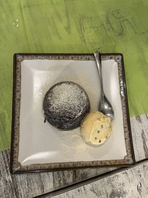 Vegan Chocolate (lava) cake with prickly pear ice cream  at Magn'etico Osteria Bio & Veg in Borgo San Lorenzo