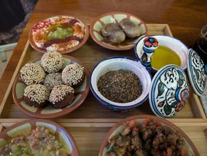 Falafel, hummus, makdous, za'atar and olive oil at Bistro Habibi in Prague