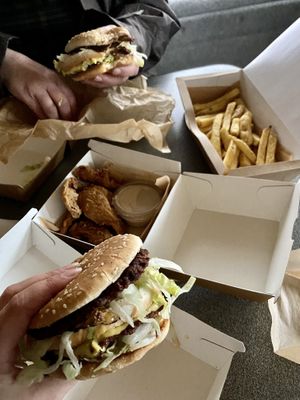 V Mac burger, southern fried oyster mushrooms with gravynaise and skin on fries   at V Street Kitchen in Cleethorpes