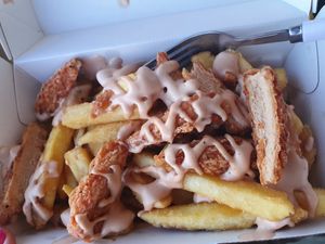 Not-chicken loaded fries. at V Street Kitchen in Cleethorpes