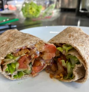 Buffalo Chickpea wrap:
Tabasco-roasted chickpeas with a crunchy veggie salsa at The Green Kitchen in Northwich